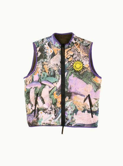 Reversible Polar Fleece Zip Thru Vest – Moss / Shrooms